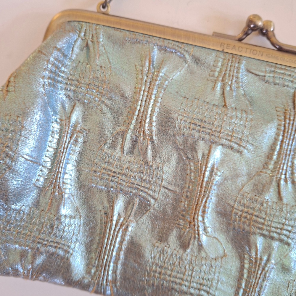 Y2K Vintage Kenneth Cole Reaction Metallic Teal Kiss Lock Clutch Chain Bag - Picture 3 of 8
